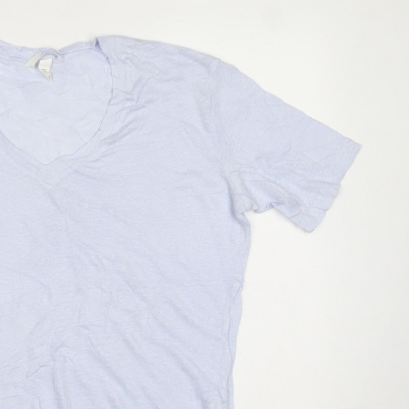 H&M Women Blue M 100% Linen V-Neck Basic Short Sleeve T-Shirt