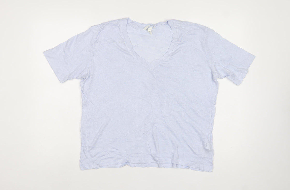 H&M Women Blue M 100% Linen V-Neck Basic Short Sleeve T-Shirt