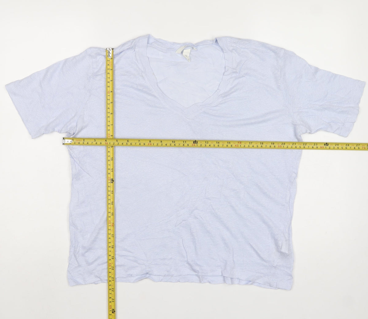 H&M Women Blue M 100% Linen V-Neck Basic Short Sleeve T-Shirt