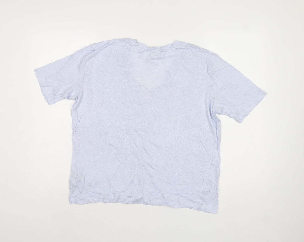 H&M Women Blue M 100% Linen V-Neck Basic Short Sleeve T-Shirt