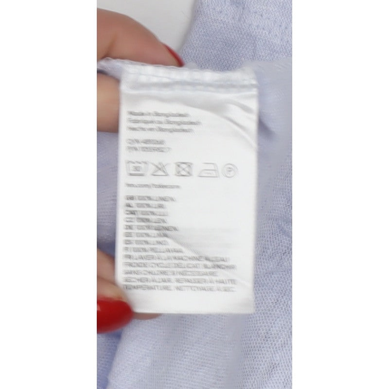 H&M Women Blue M 100% Linen V-Neck Basic Short Sleeve T-Shirt