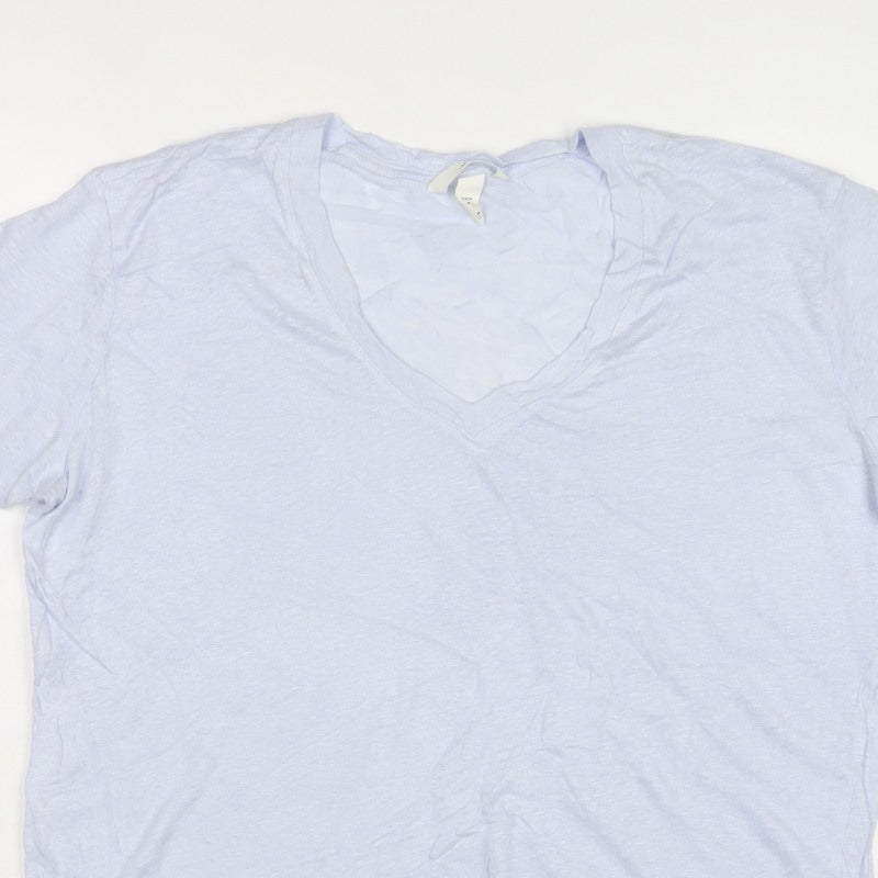 H&M Women Blue M 100% Linen V-Neck Basic Short Sleeve T-Shirt