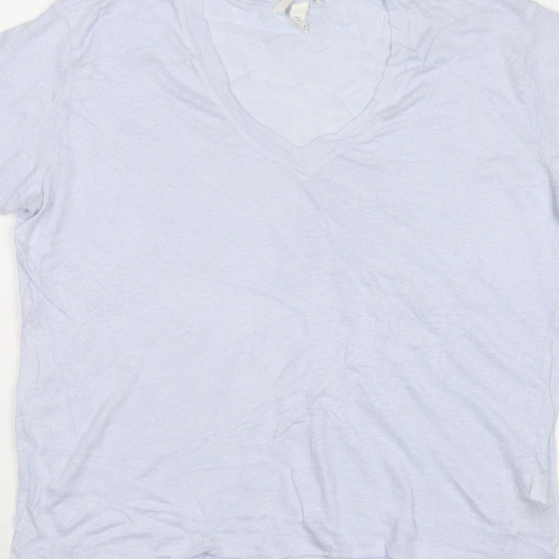 H&M Women Blue M 100% Linen V-Neck Basic Short Sleeve T-Shirt