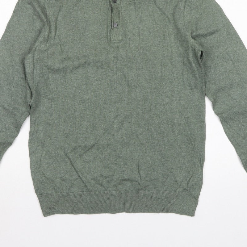 Marks and Spencer Men Green S Cotton Rich Collared Henley Jumper