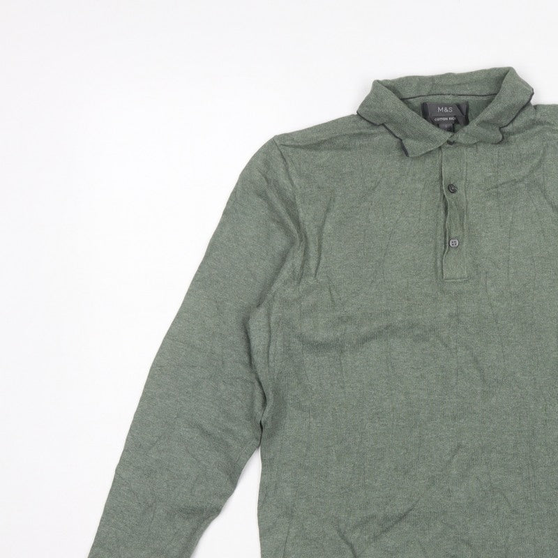 Marks and Spencer Men Green S Cotton Rich Collared Henley Jumper