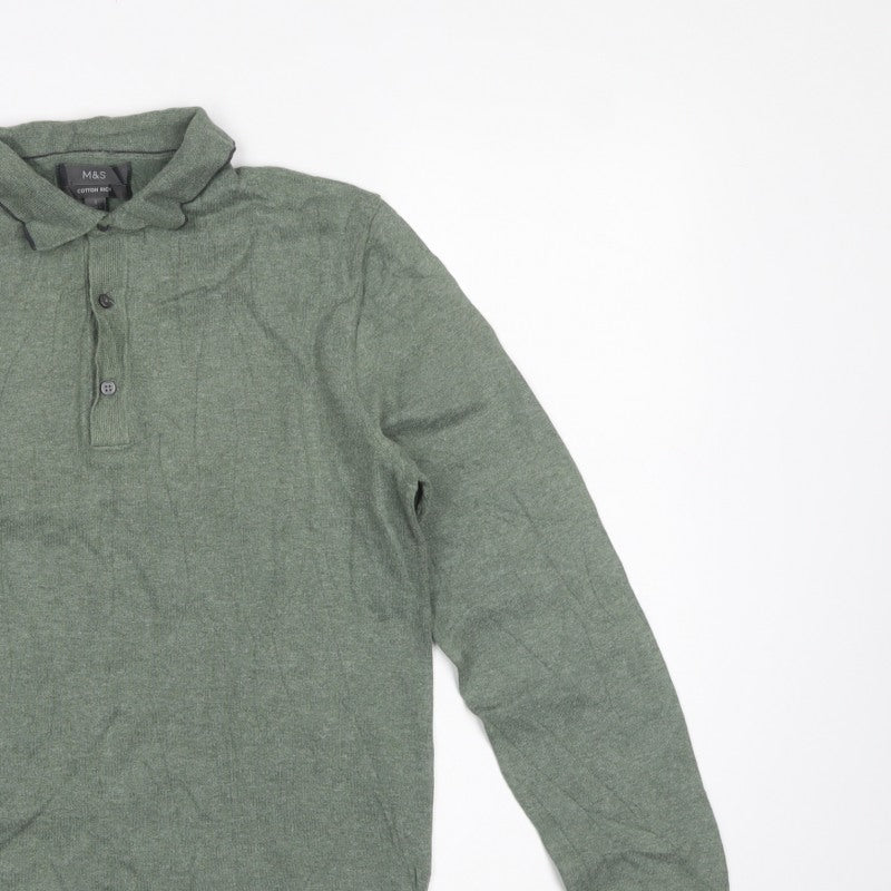 Marks and Spencer Men Green S Cotton Rich Collared Henley Jumper