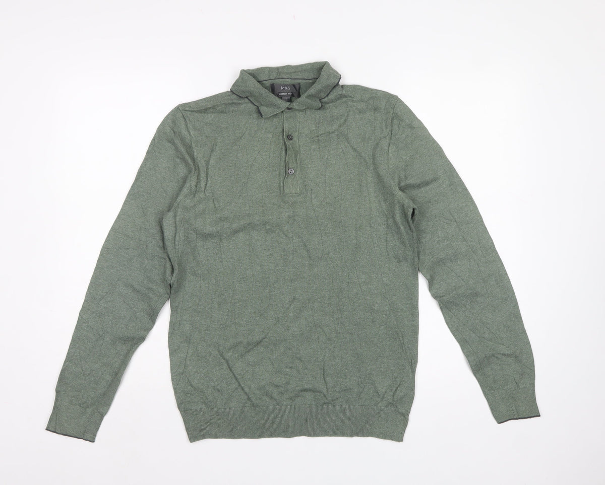 Marks and Spencer Men Green S Cotton Rich Collared Henley Jumper