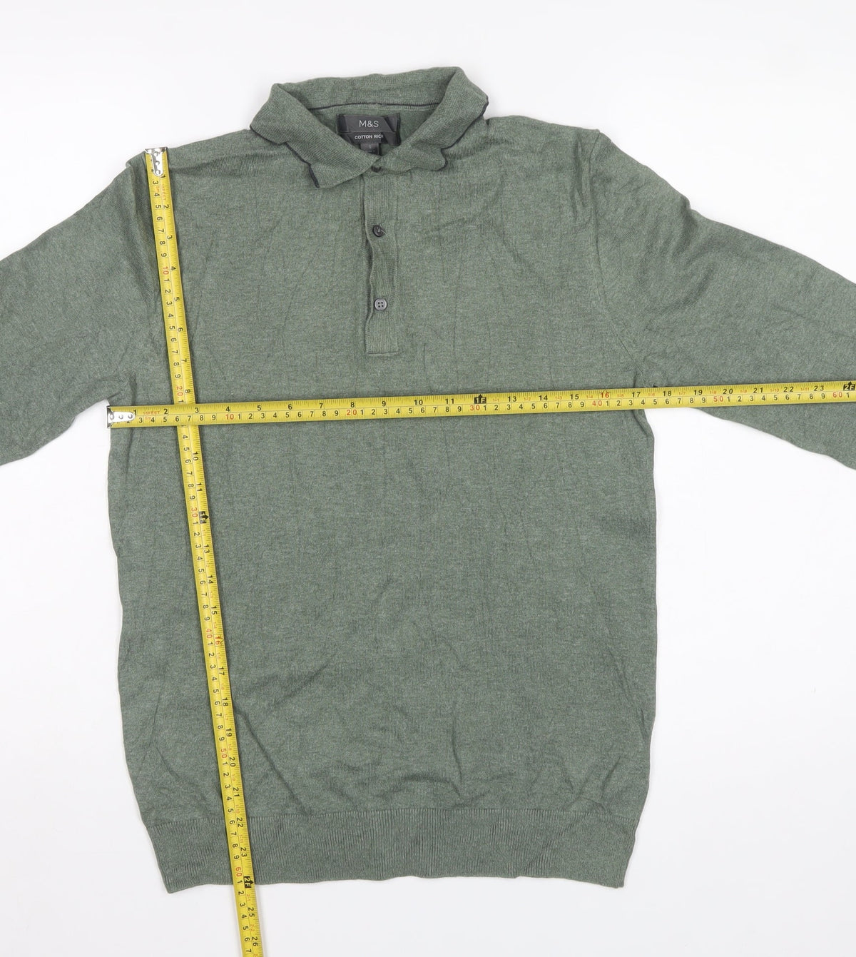 Marks and Spencer Men Green S Cotton Rich Collared Henley Jumper