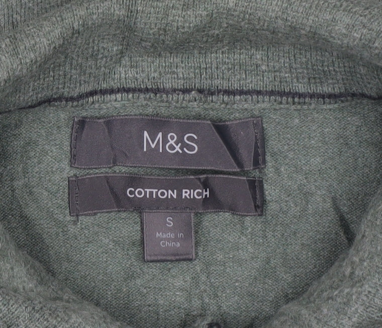 Marks and Spencer Men Green S Cotton Rich Collared Henley Jumper
