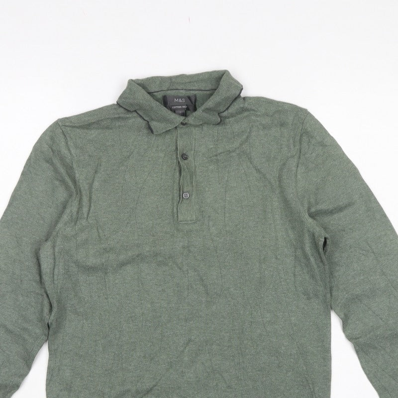 Marks and Spencer Men Green S Cotton Rich Collared Henley Jumper