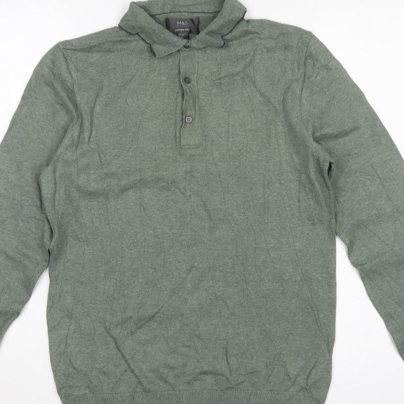 Marks and Spencer Men Green S Cotton Rich Collared Henley Jumper