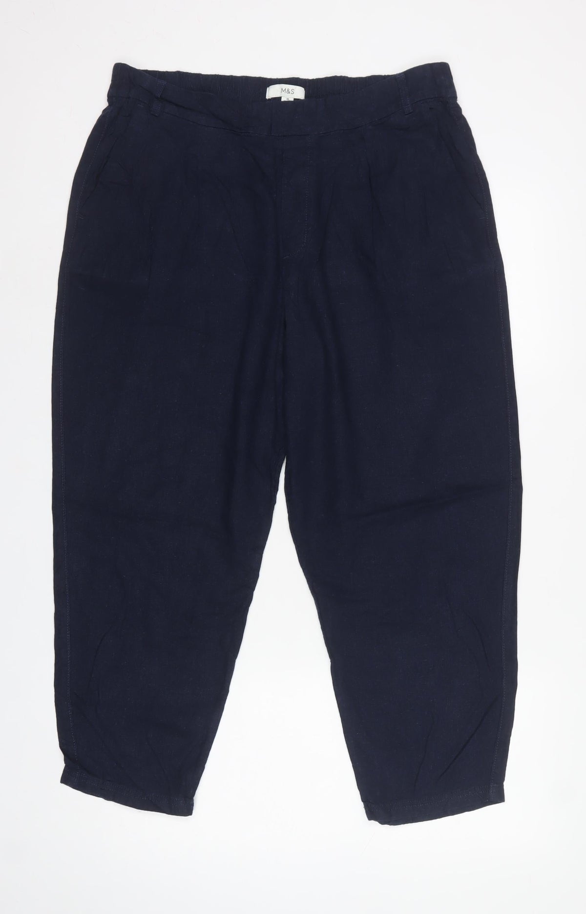 Marks & Spencer Women's Navy Linen Blend Relaxed Trousers UK 16 Short