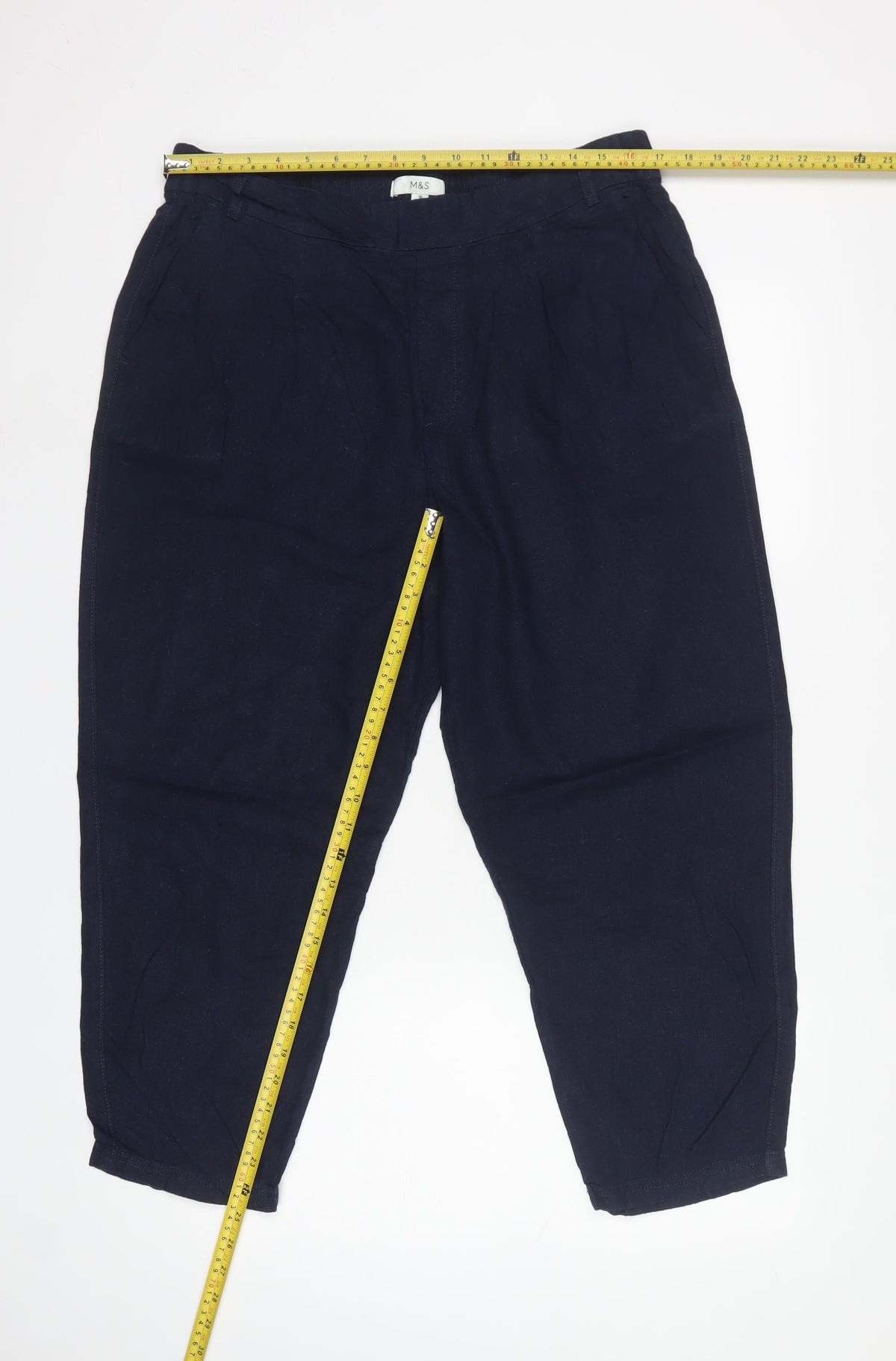 Marks & Spencer Women's Navy Linen Blend Relaxed Trousers UK 16 Short