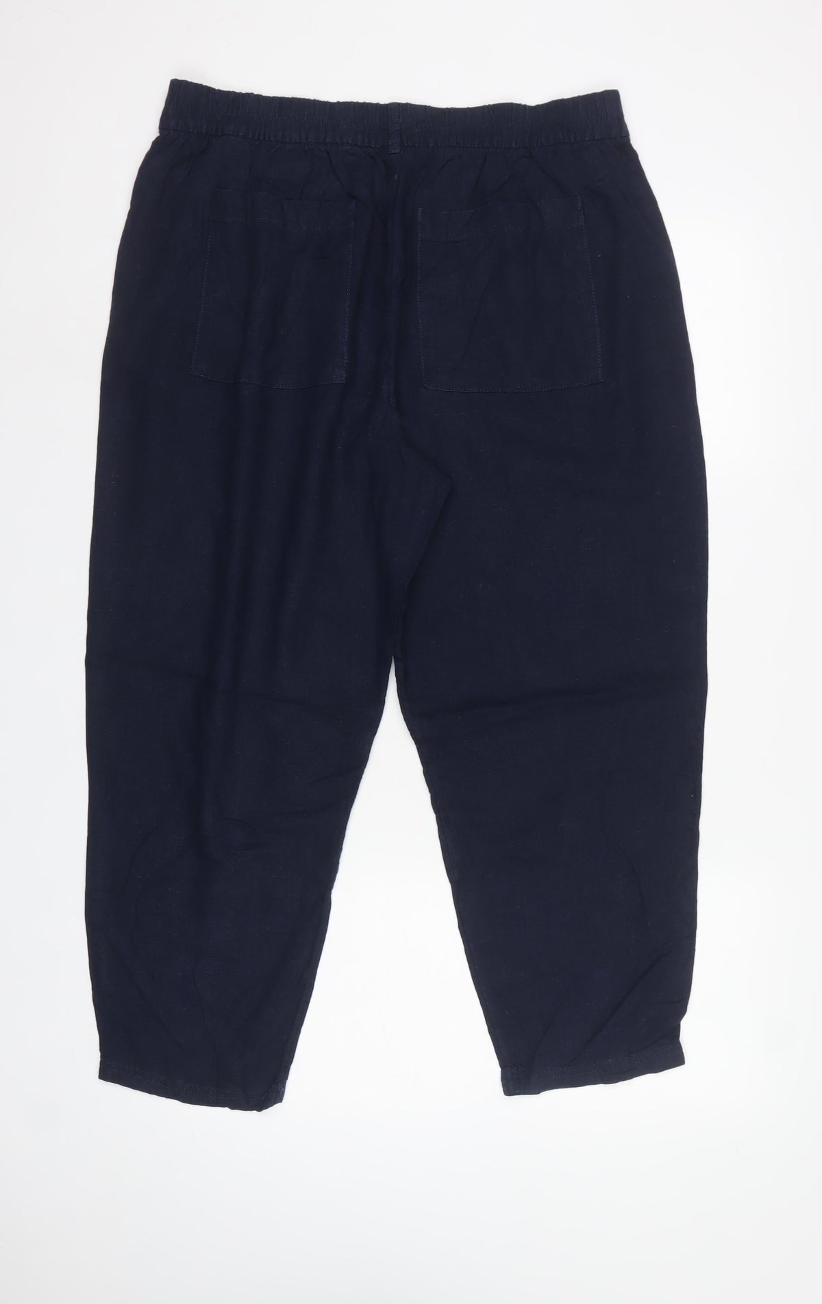 Marks & Spencer Women's Navy Linen Blend Relaxed Trousers UK 16 Short