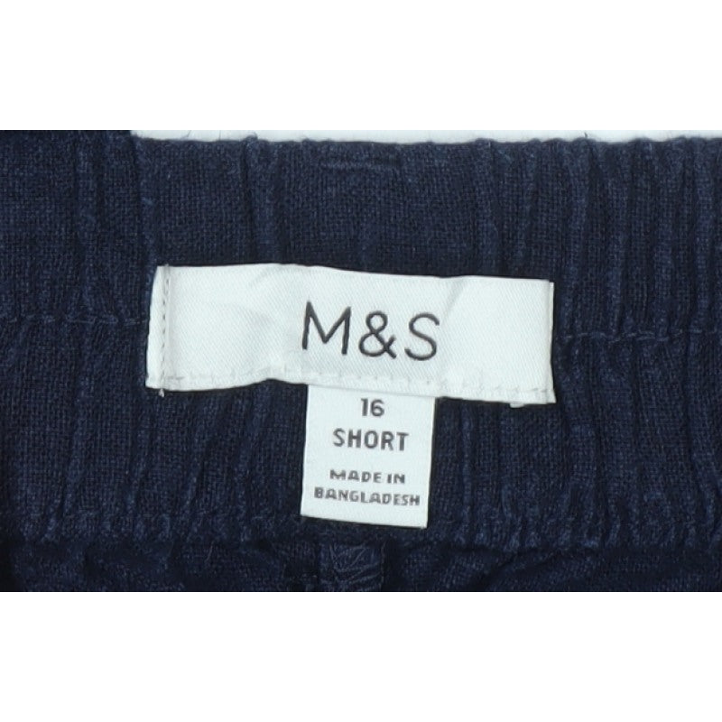 Marks & Spencer Women's Navy Linen Blend Relaxed Trousers UK 16 Short