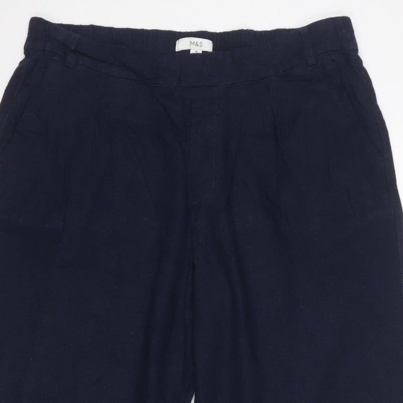 Marks & Spencer Women's Navy Linen Blend Relaxed Trousers UK 16 Short