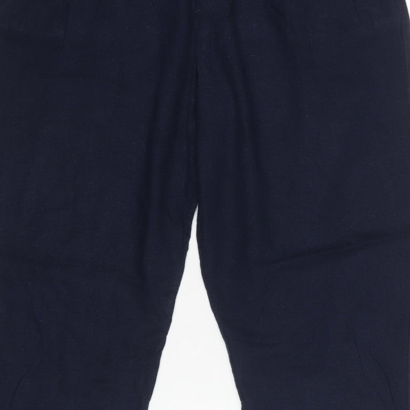 Marks & Spencer Women's Navy Linen Blend Relaxed Trousers UK 16 Short