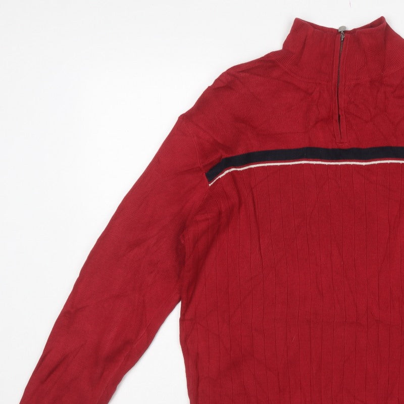 Next Men's Red Medium 1/4 Zip High Neck Cotton Knit Striped Jumper