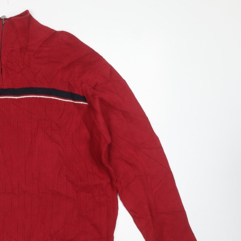 Next Men's Red Medium 1/4 Zip High Neck Cotton Knit Striped Jumper