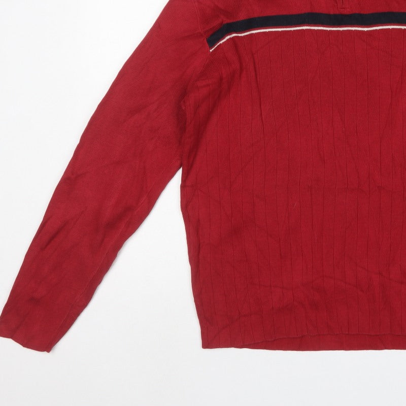 Next Men's Red Medium 1/4 Zip High Neck Cotton Knit Striped Jumper