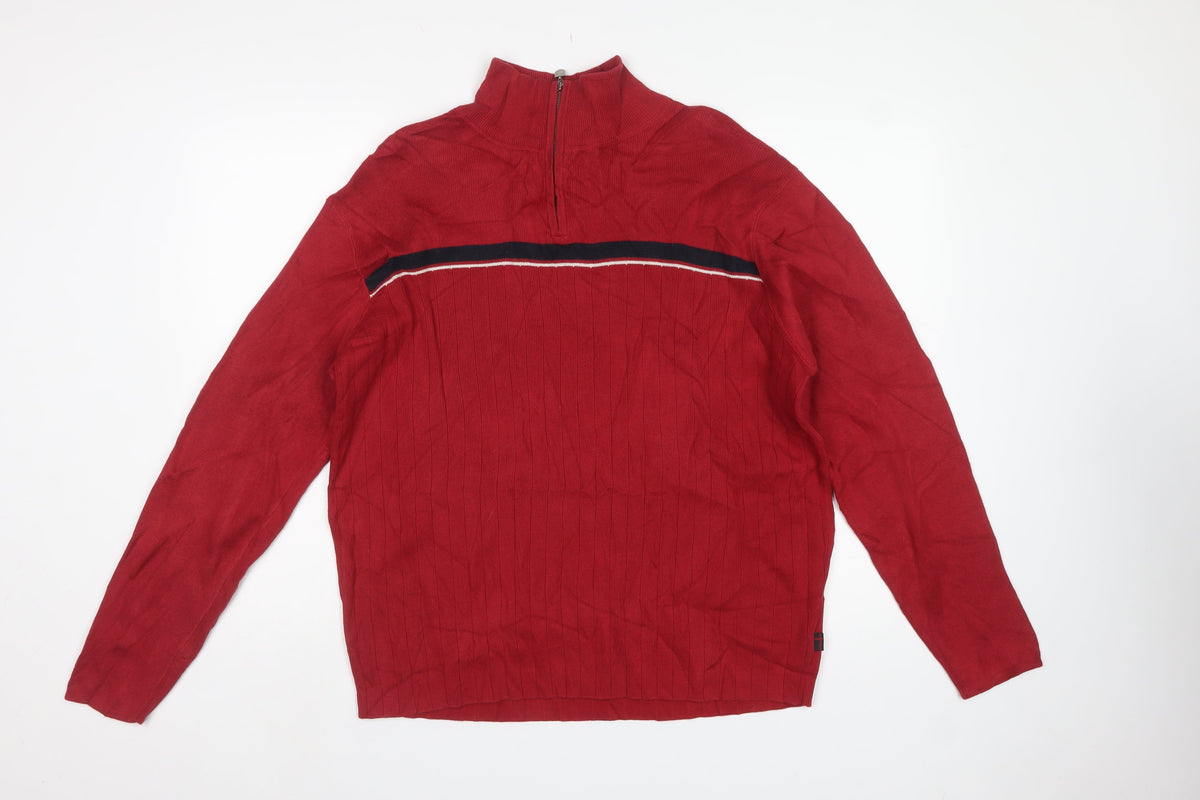 Next Men's Red Medium 1/4 Zip High Neck Cotton Knit Striped Jumper