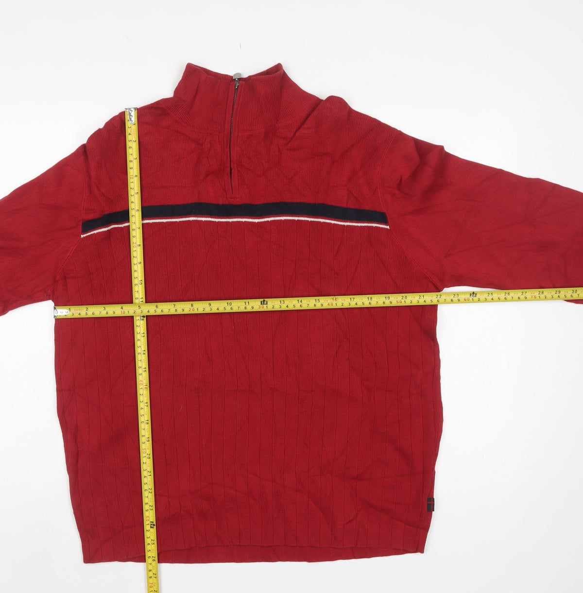 Next Men's Red Medium 1/4 Zip High Neck Cotton Knit Striped Jumper