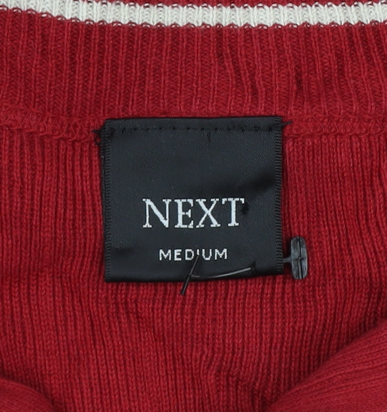 Next Men's Red Medium 1/4 Zip High Neck Cotton Knit Striped Jumper