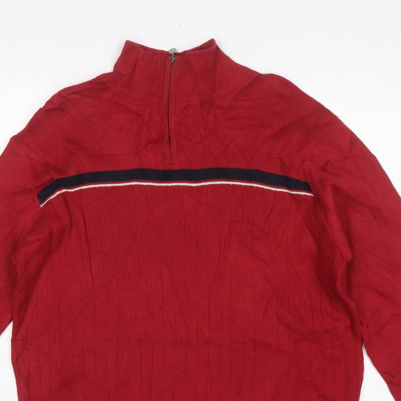 Next Men's Red Medium 1/4 Zip High Neck Cotton Knit Striped Jumper