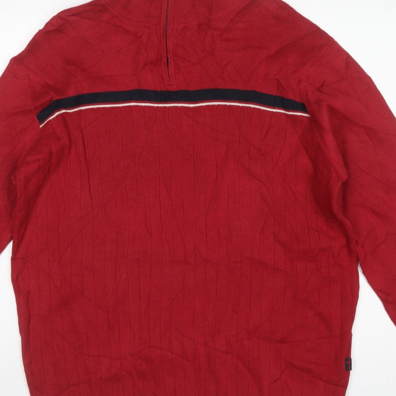 Next Men's Red Medium 1/4 Zip High Neck Cotton Knit Striped Jumper