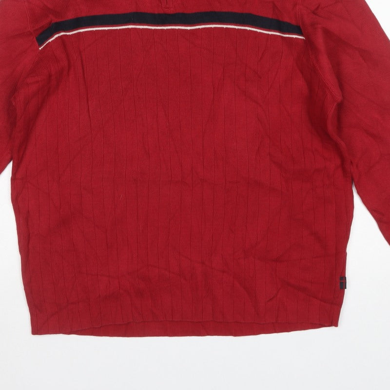 Next Men's Red Medium 1/4 Zip High Neck Cotton Knit Striped Jumper