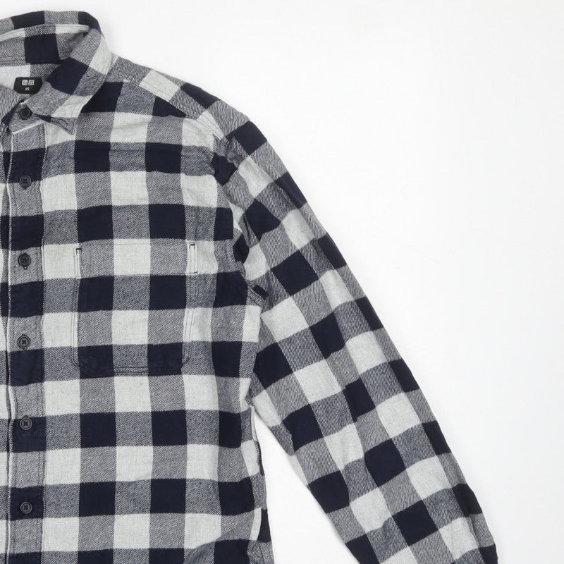 Uniqlo Men’s Blue Grey Check Cotton Flannel Button-Up Shirt XS