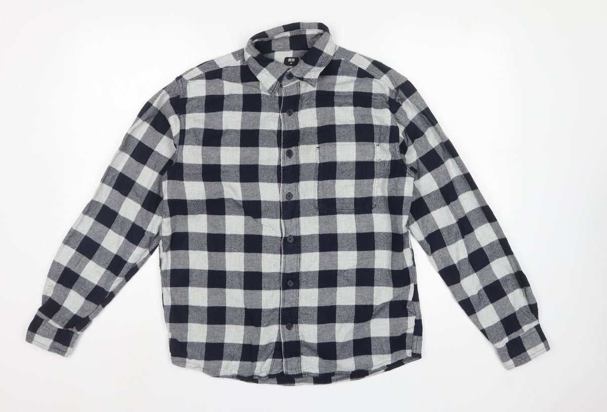 Uniqlo Men’s Blue Grey Check Cotton Flannel Button-Up Shirt XS