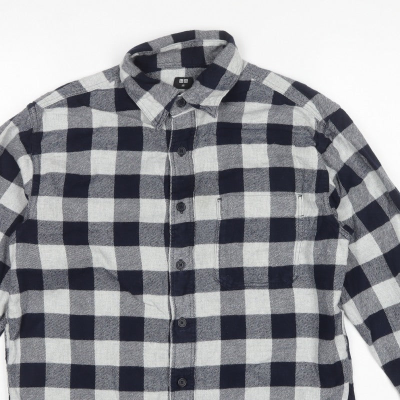 Uniqlo Men’s Blue Grey Check Cotton Flannel Button-Up Shirt XS