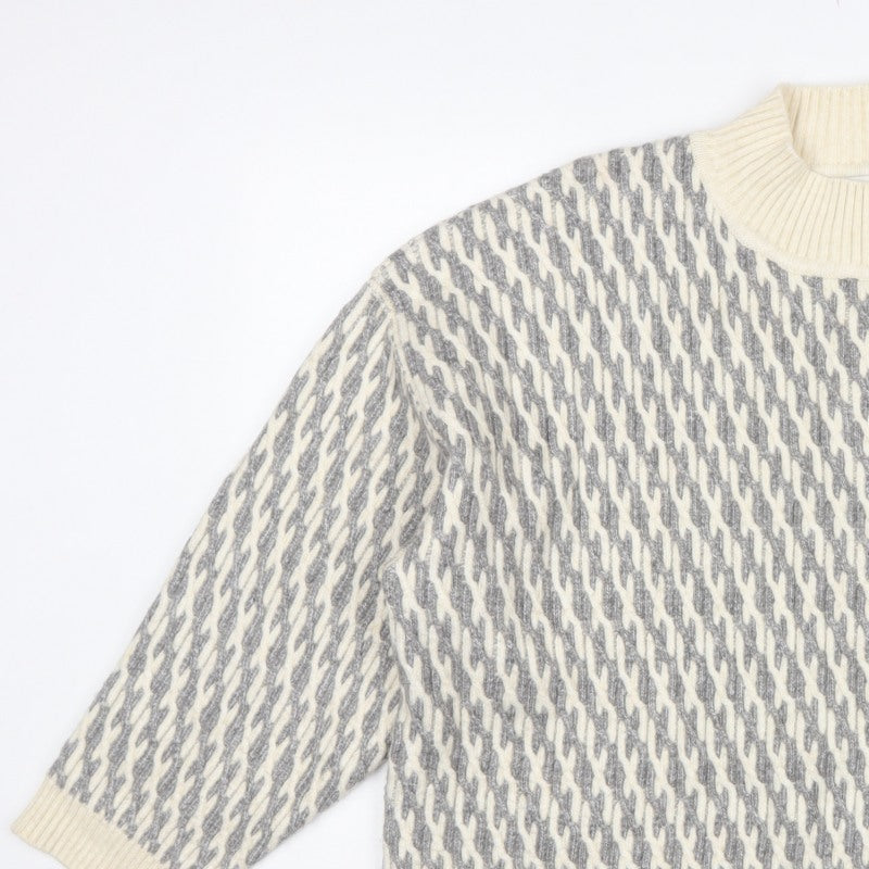 Marks & Spencer Women Grey XL Geometric Roll Neck Chunky Knit Jumper