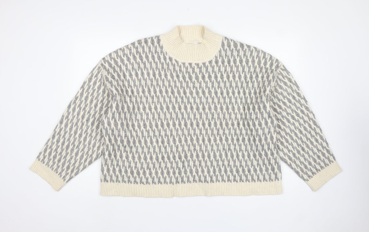 Marks & Spencer Women Grey XL Geometric Roll Neck Chunky Knit Jumper