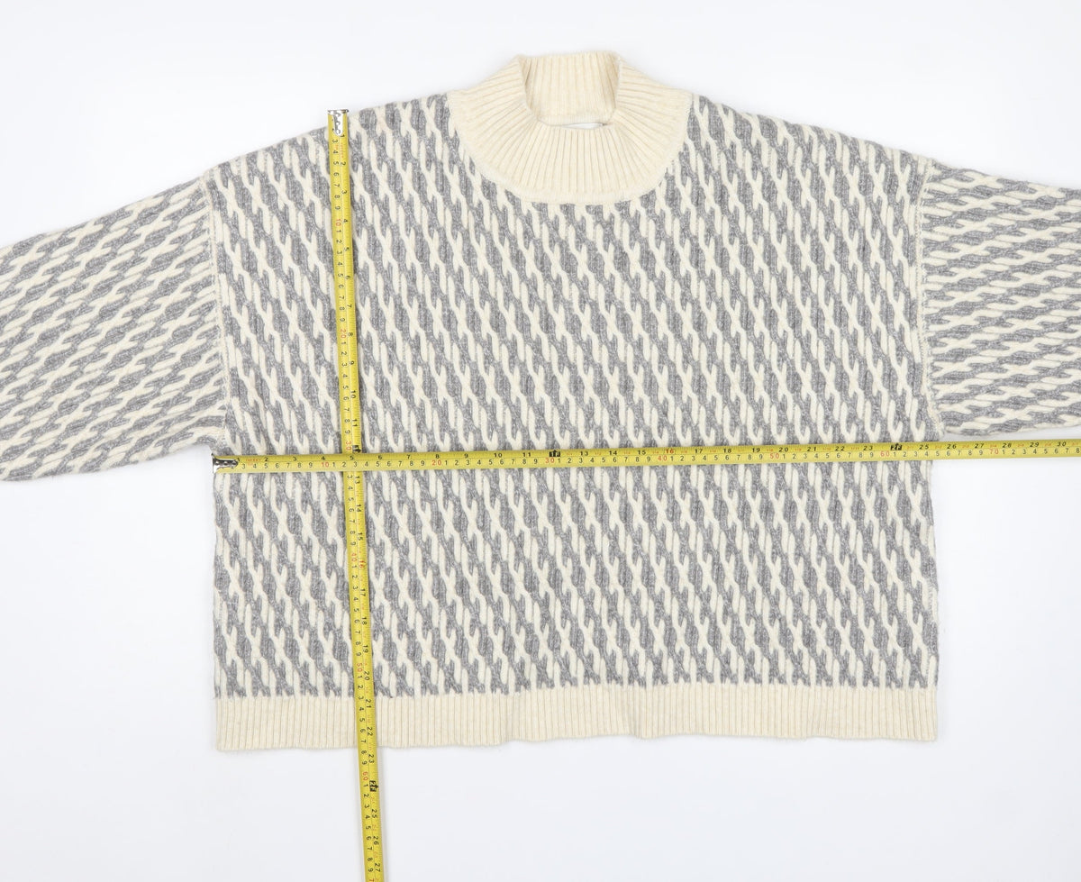 Marks & Spencer Women Grey XL Geometric Roll Neck Chunky Knit Jumper