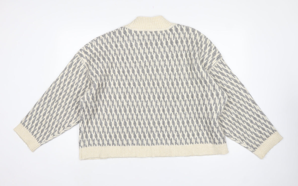 Marks & Spencer Women Grey XL Geometric Roll Neck Chunky Knit Jumper