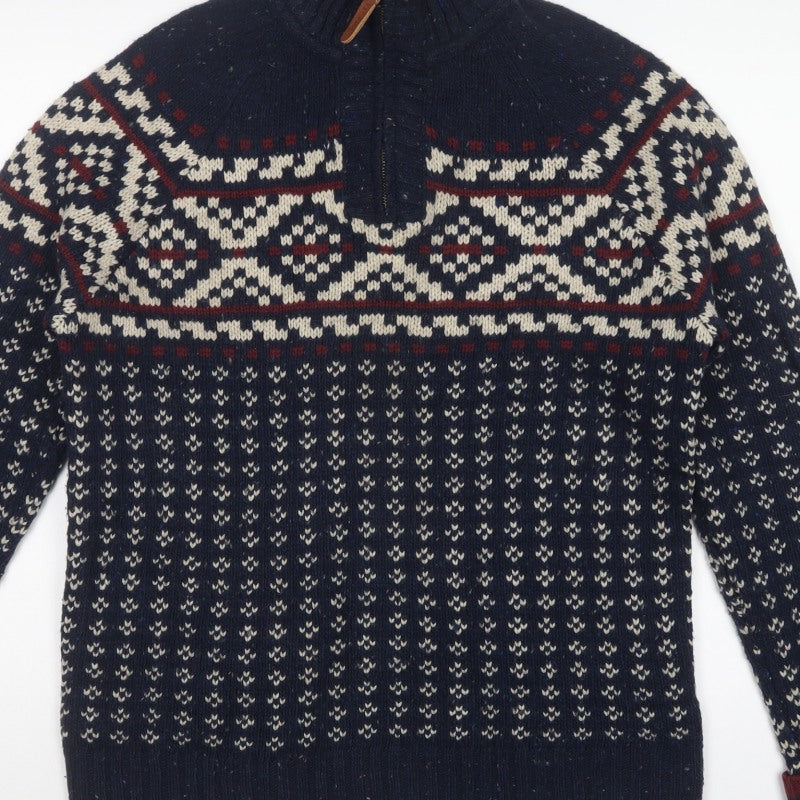 Fat Face Men's Blue L Fair Isle 1/4 Zip Wool Blend Jumper