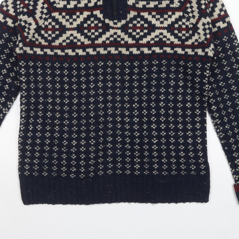 Fat Face Men's Blue L Fair Isle 1/4 Zip Wool Blend Jumper