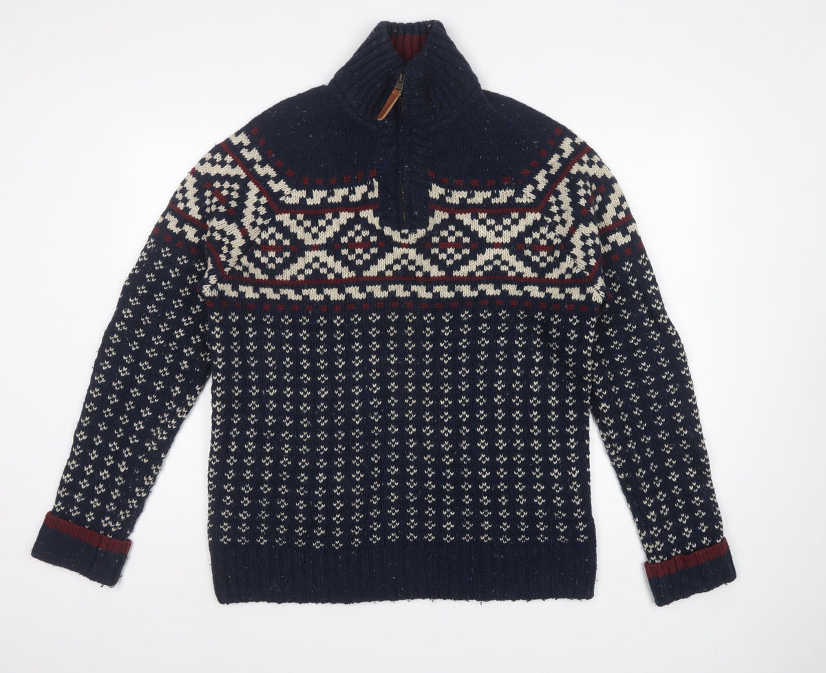 Fat Face Men's Blue L Fair Isle 1/4 Zip Wool Blend Jumper