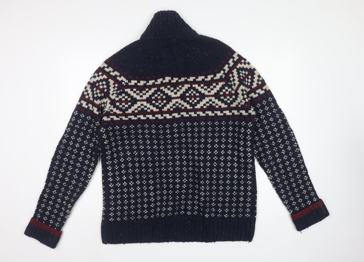 Fat Face Men's Blue L Fair Isle 1/4 Zip Wool Blend Jumper