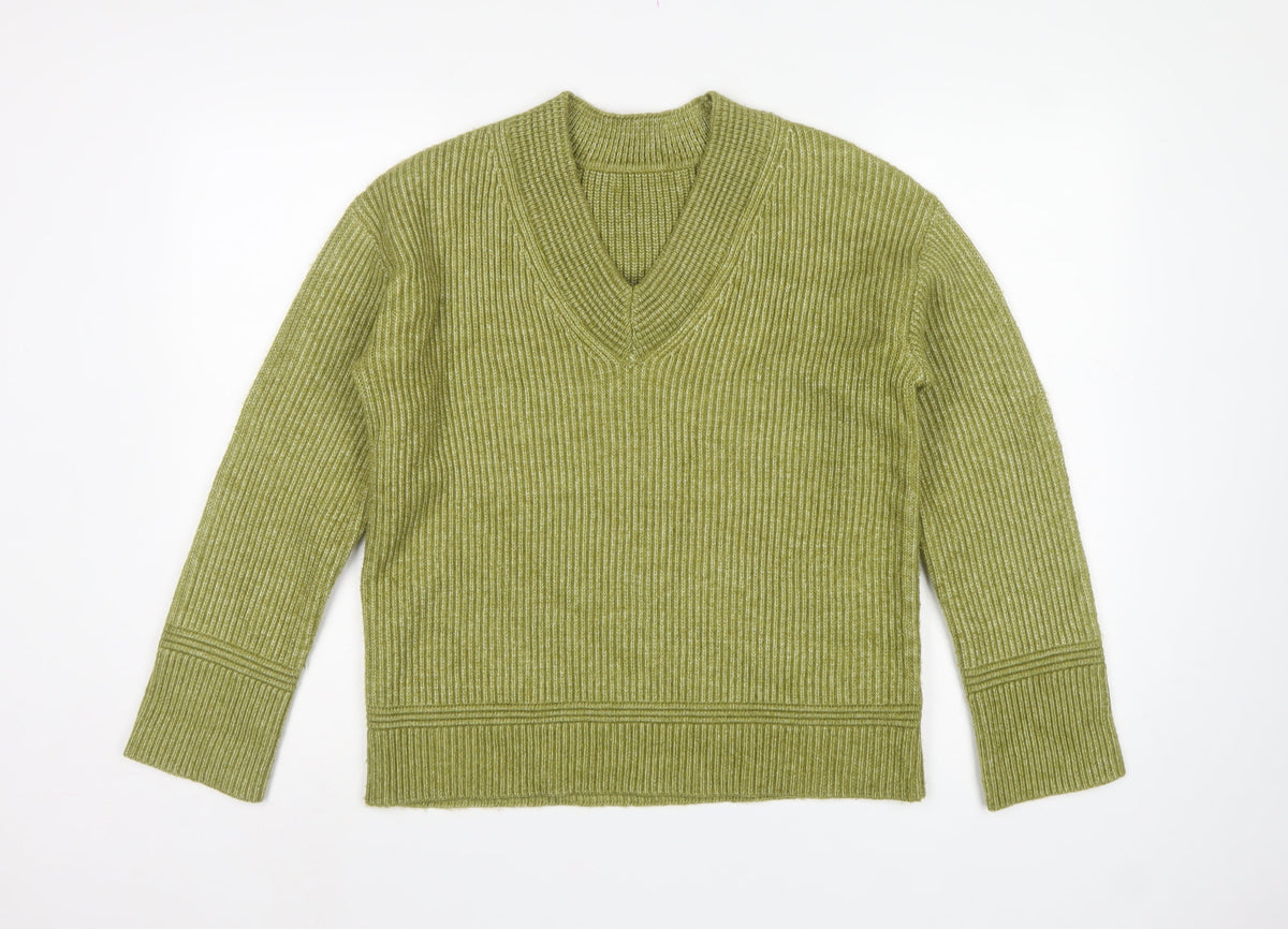 Marks and Spencer Women Green S Ribbed V-Neck Long Sleeve Pullover Jumper