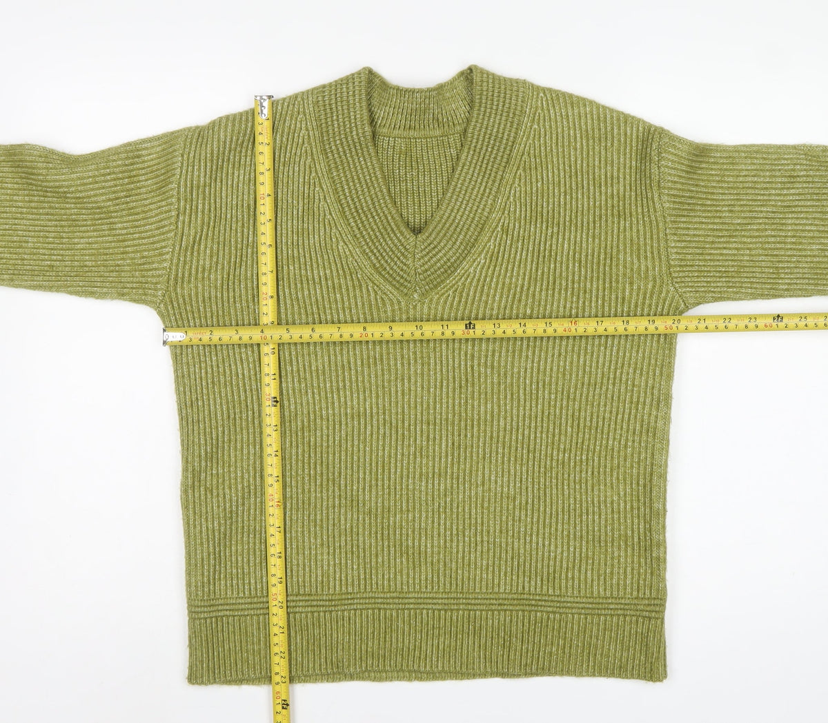 Marks and Spencer Women Green S Ribbed V-Neck Long Sleeve Pullover Jumper