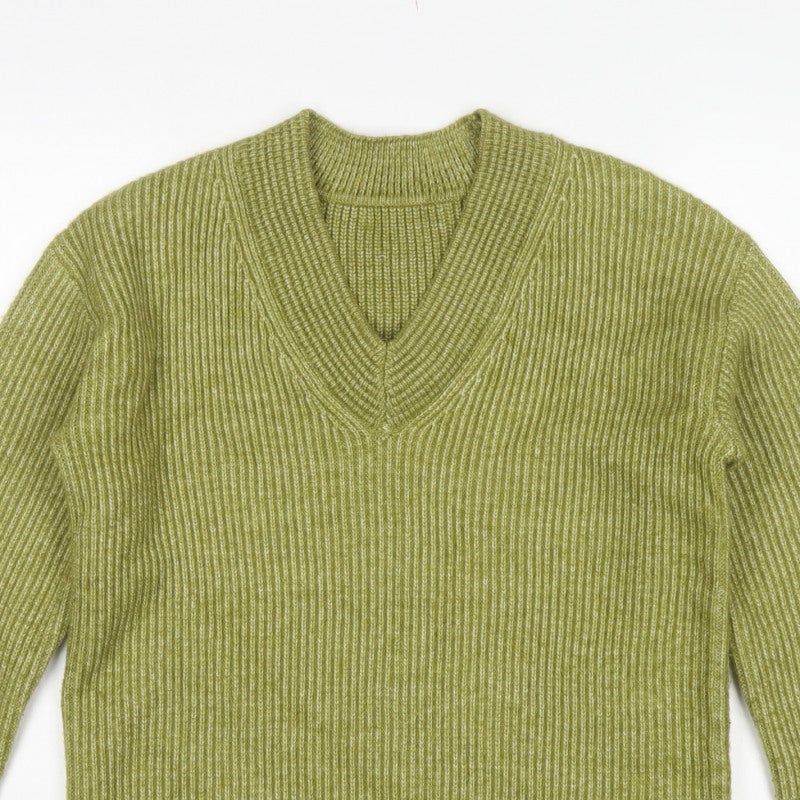 Marks and Spencer Women Green S Ribbed V-Neck Long Sleeve Pullover Jumper