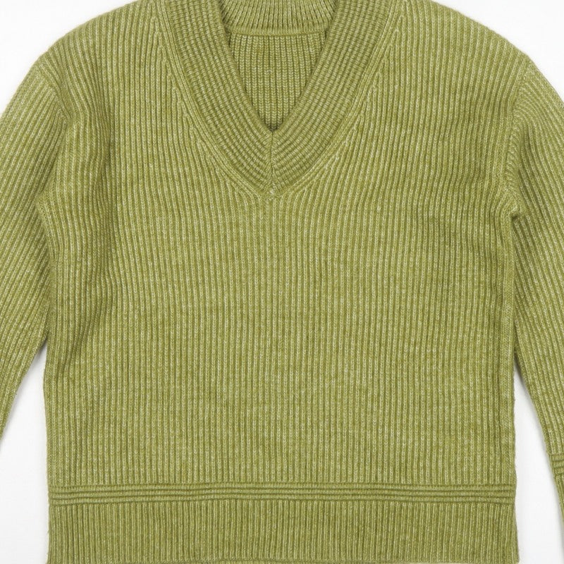 Marks and Spencer Women Green S Ribbed V-Neck Long Sleeve Pullover Jumper