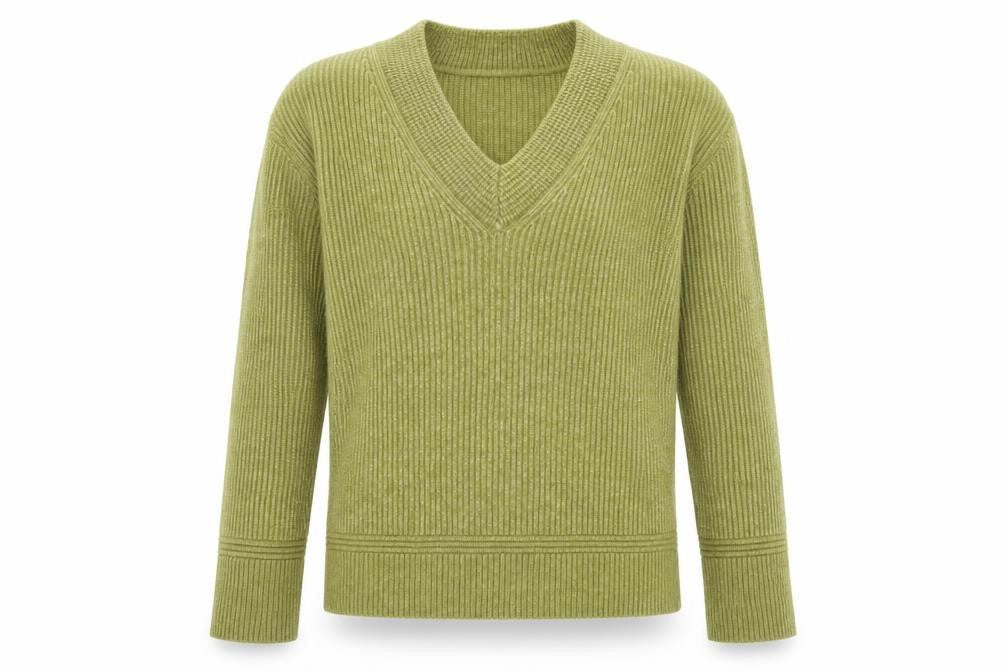 Marks and Spencer Women Green S Ribbed V-Neck Long Sleeve Pullover Jumper