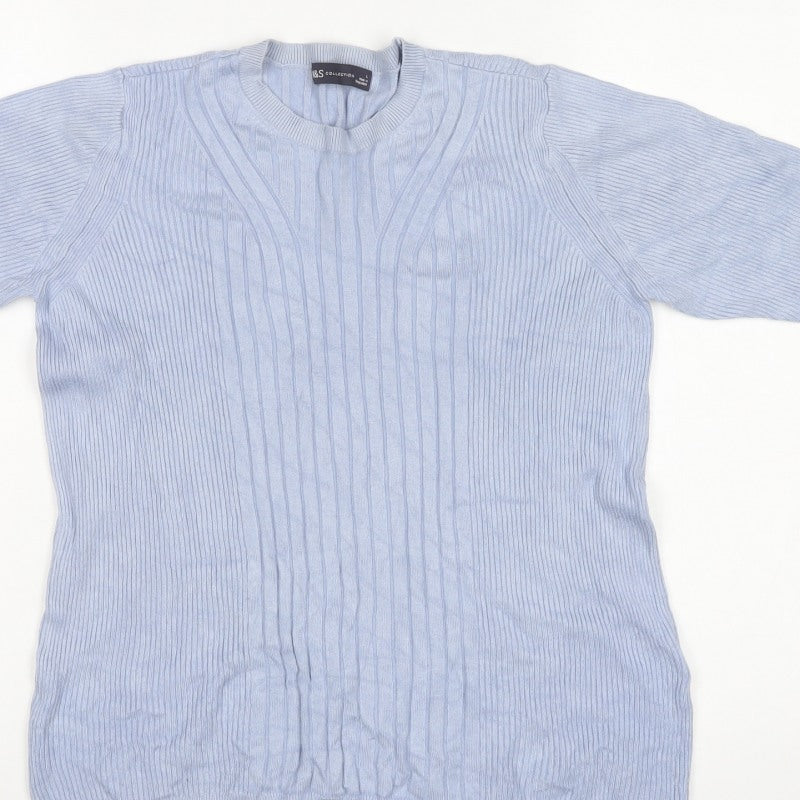 Marks and Spencer Men Blue M Ribbed Knit Short Sleeve Jumper
