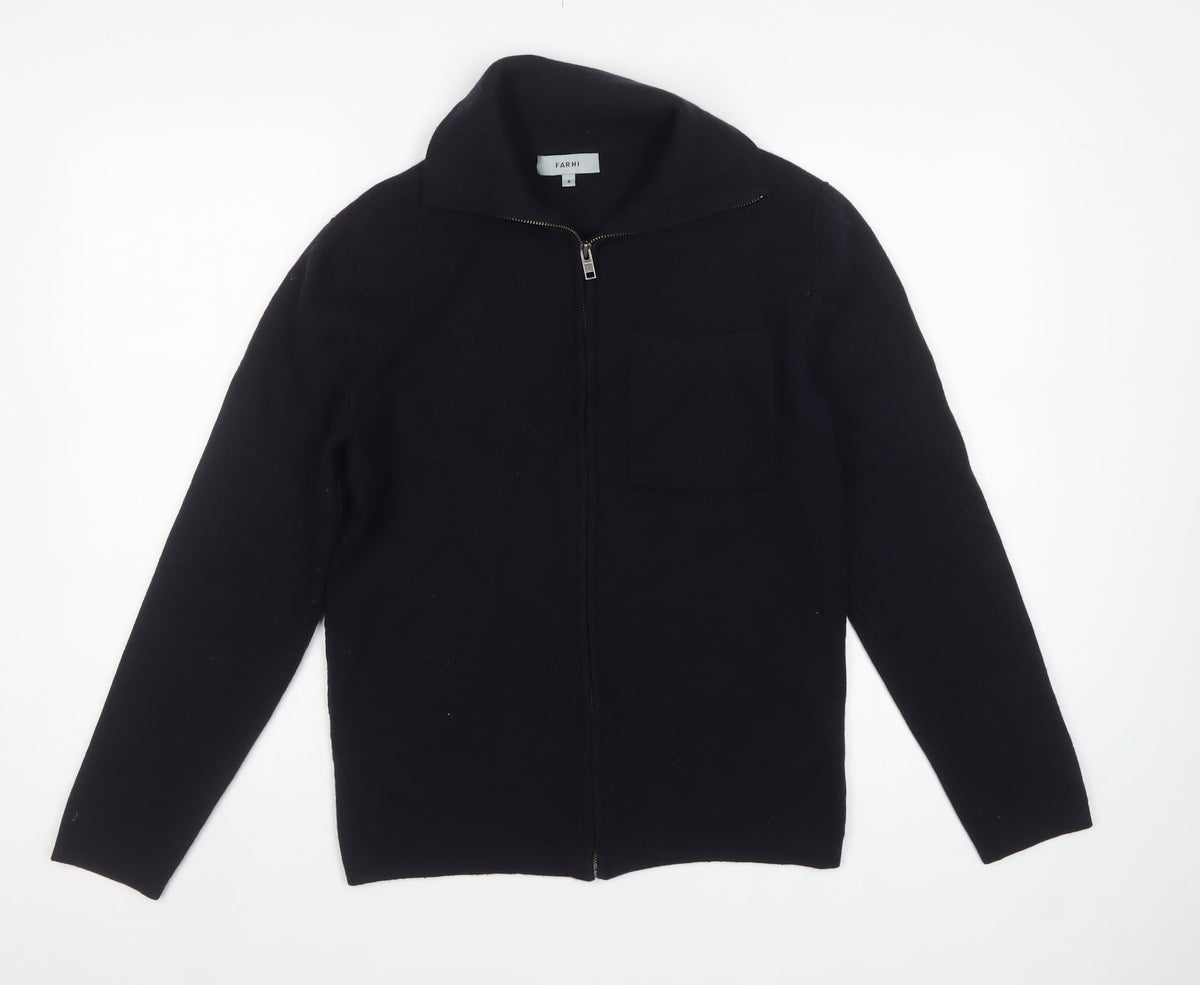 Farhi Men’s Black Small Full Zip Wool Knit High Neck Cardigan