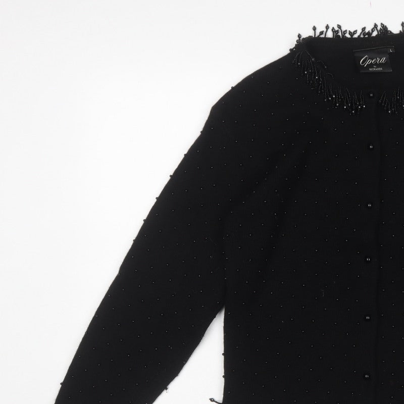 Opera by Richards Women Black L Beaded Angora Wool Cardigan