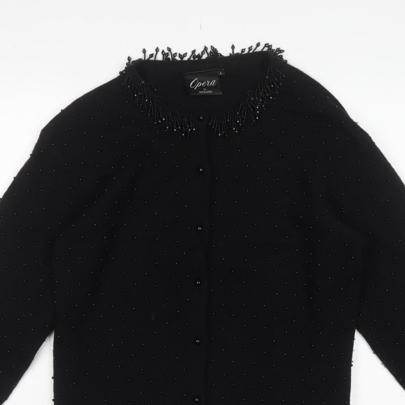 Opera by Richards Women Black L Beaded Angora Wool Cardigan
